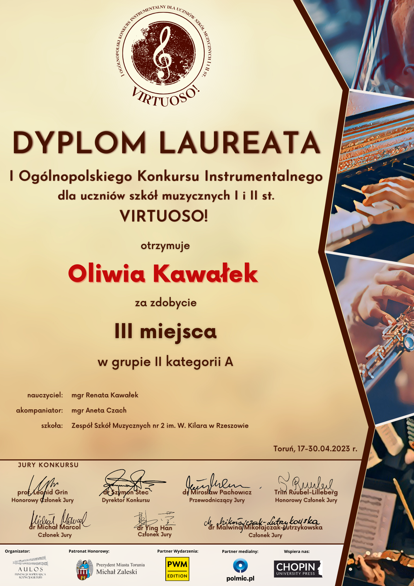 You are currently viewing III miejsce Oliwii Kawałek w konkursie Virtuoso