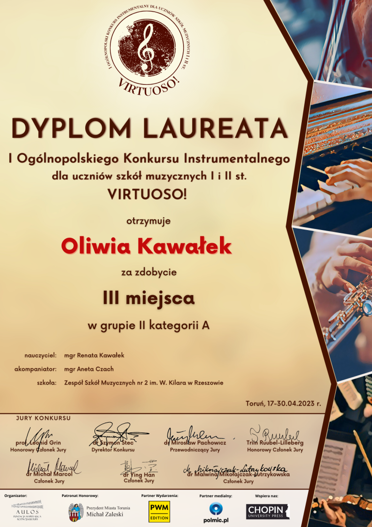 Read more about the article III miejsce Oliwii Kawałek w konkursie Virtuoso